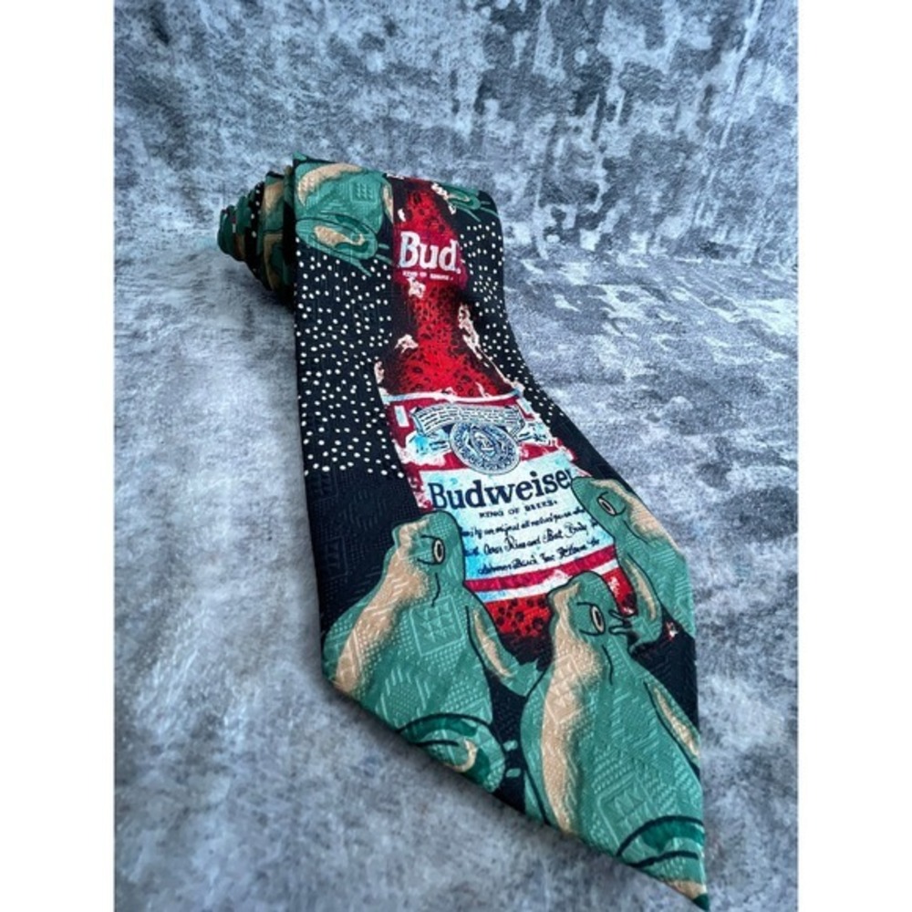 Vtg Budweiser Frogs Tie 90s Novelty Necktie Beer‎ Commercial Black Polyester